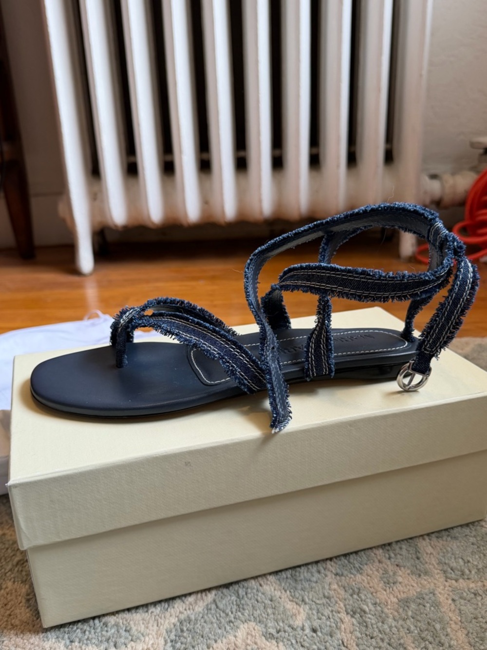 Designer Ankle-Strap Flat Sandal - Denim / Dark Blue